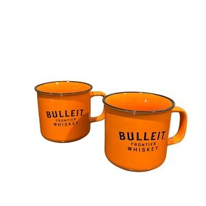 BULLEIT FRONTIER WHISKEY Coffee Mug Cup Orange Ceramic & Black Set Of 2